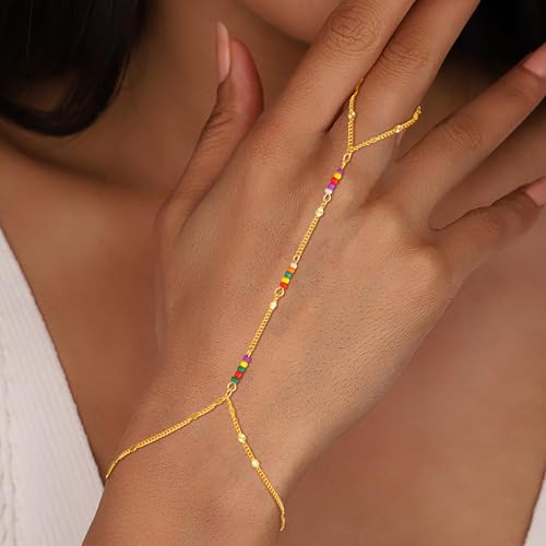 Hand Chain Bracelets for Women - 14K Real Gold Plated Dainty Stackable Paperclip Link Bracelets Hand Chain Bracelet Ring Gold Bracelets for Women Trendy - color: Colorful Sparkle Hand Chain