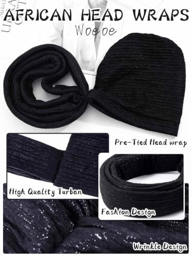 Woeoe African Head Wraps for Black Women Gold Pre Tied Headdress Wedding Turban Hats - color: Black