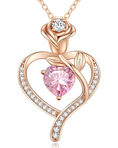 LOUISA SECRET Rose Flower Heart Birthstone Necklaces for Women, 925 Sterling Silver Jewelry, Pendant Heart Necklaces Birthday Anniversary Christmas Gift for Women Wife Mom Girlfriend Lady - color: Rose Gold-10-Oct