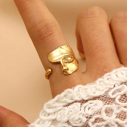 Vintage Abstract Human Face Rings Unique Mask Half Face Band Rings Open Adjustable Sculpture Statement Ring Gold Geometric Knuckle Jewelry for Women - color: Gold