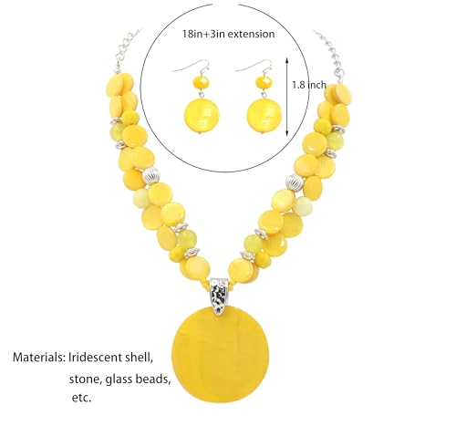Layered Beads Statement Fashion Necklace Chunky Jewelry Set Big Colorful Glass Stone Circle Shell Pendant Choker Necklace and Earring Set for Women - color: Yellow