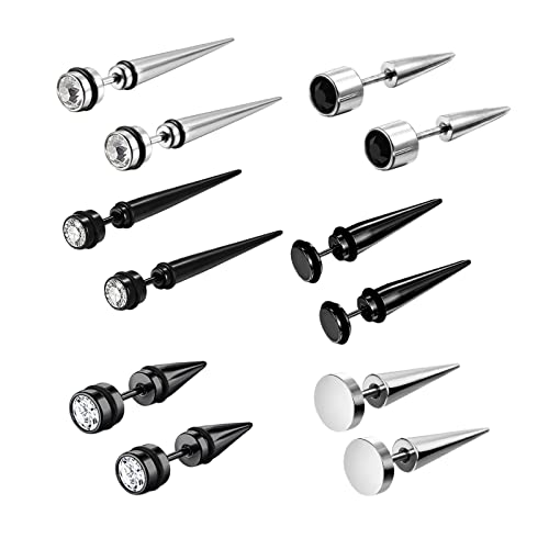 Aroncent 12PCS Stainless Steel Fake Tapers Mens Earrings Illusion Tunnel Cheater Piercing Jewelry Set for Men Women - color: Spike