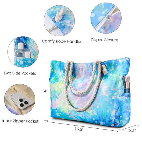 Clothirily Beach Bag for Women - Large Beach Tote Bag, Waterproof Sandproof Beach Bag with Zipper, Large Swim Pool Beach Tote - color: Tie Dye Blue