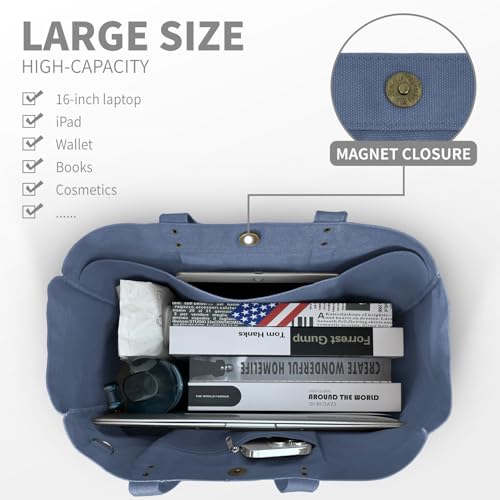 HOMESPON Large Canvas Tote Bag for Women Everything Bag with Pockets and Laptop Sleeve - color: Blue