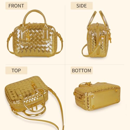 Women's Handmade Woven Top-handle Bag Fashion Leather Shoulder Handbag Crossbody Purse Woven Purse for Women - color: Gold