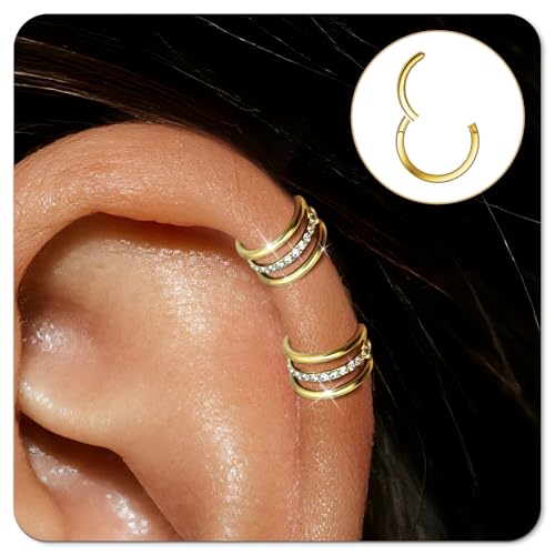 Small Cartilage Double/Triple-Hoop Helix Conch Piercing Earrings With Cubic Zirconia For Women Trendy 14K Gold Plated Titanium Surgical Stainless Steel Sets Nose Rings Hoops Septum Rings - color: 14K Gold, style: F-4Pairs-16Gauge-Triple CZ hoop