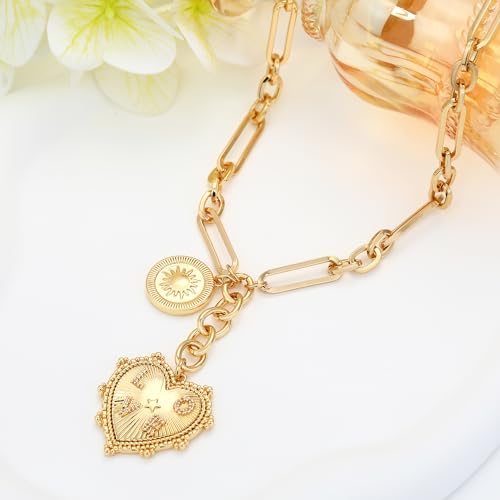 Gold Love Heart Sun Charm Chunky Paperclip Chain for Women Trendy 18K Gold Plated Coin Sunflower Pendant Choker Necklace Hip Hop Jewelry Gifts for Her - style: LOVE HEART, COIN SUN