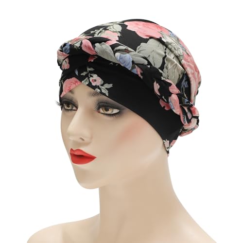 ZLYC Chemo Headwear for Women Pre Tied Turban Headwear Lightweight Beanie Hat - color: Braid Floral Pink Black