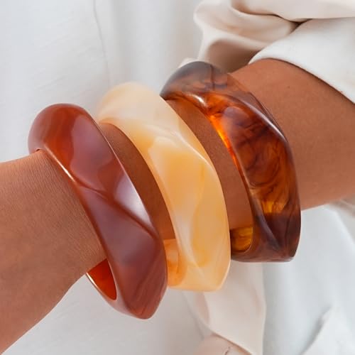 FAXHION Chunky Resin Acrylic Bangle Bracelets for Women, Colorful Wide Geometric Bangles Set, Statement Stackable Bracelet Jewelry Gift - color: Brown