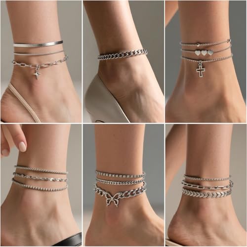 16 Pcs Gold/Silver Anklet Bracelets for Women Cuban chain Heart-shaped Beads Layered Adjustable Size Beach Daily Party - color: silver