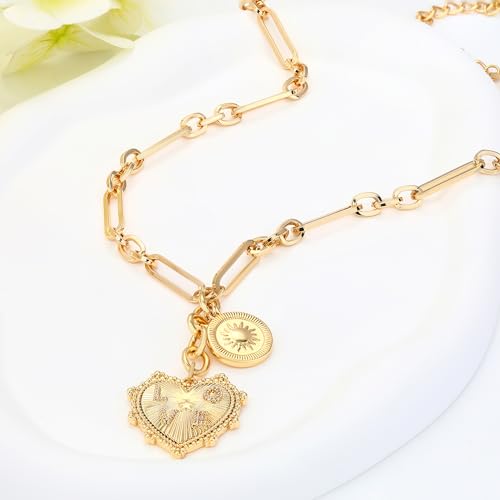 Gold Love Heart Sun Charm Chunky Paperclip Chain for Women Trendy 18K Gold Plated Coin Sunflower Pendant Choker Necklace Hip Hop Jewelry Gifts for Her - style: LOVE HEART, COIN SUN