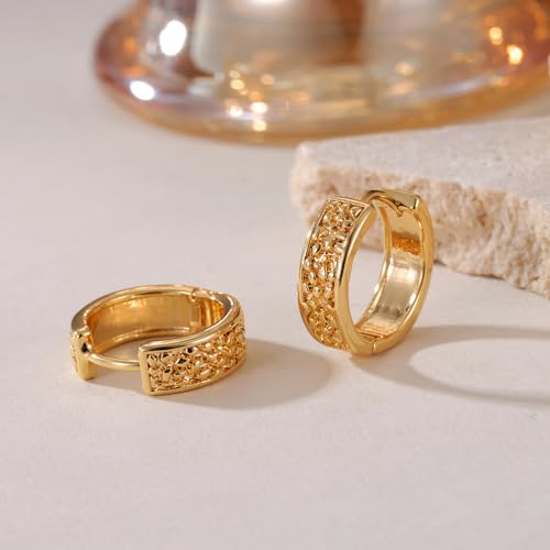 Small Chunky Huggie Hoop Earrings for Women - 18K Gold Plated Boho Ethnic, Hypoallergenic Dainty Vintage Gifts for Women - color: scroll pattern