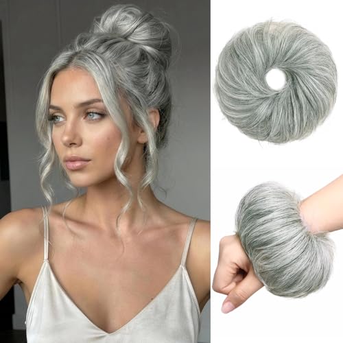 Human Hair Messy Bun Scrunchie Extensions for Women, Real Wavy Curly Ponytail Hair Piece, Lightweight Tousled Fake Buns Stretchy Fluffy Donut Updo, White Mix Black 25g - color: White Mix Black