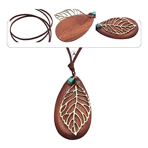 GelConnie Leather Cord Necklace Chain Multilayer Wooden Pendant Necklaces Vintage Jewelry Boho Long Sweater Necklace for Women Men - color: Leaf Leather Necklace