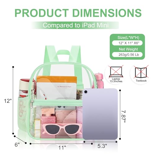 Oraben Clear Backpack Stadium Approved, 12 x 6 x 11 in, Small Transparent Backpack for Concerts, Sports Events, Festivals, Travel, Waterproof PVC, Adjustable Straps, Women Men - color: Avocado Green, style: Nylon Shoulder Straps