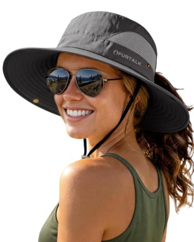 FURTALK Womens Sun Hat with Ponytail Hole Beach Hiking Summer Wide Brim UPF 50+ Outdoor Protection Foldable Bucket Hat - color: Dark Grey