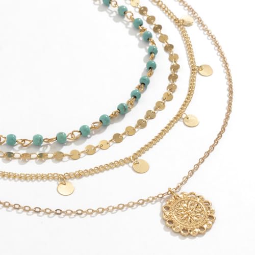 Boho Necklaces for Women Layered Turquoise Beaded Choker Necklace Western Jewelry for Women Sequin Coin Necklace Country Necklace Bohemian Boho Jewelry for Women Western Necklaces Summer Beach Necklace - style: Style A