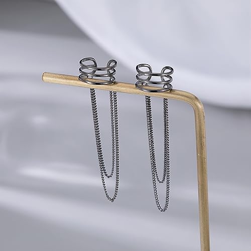 SLUYNZ 925 Sterling Silver No Piercing Cuff Earrings Chain for Women Wrap Earrings Tassel Clip On Ear - color: Black Gold Plated