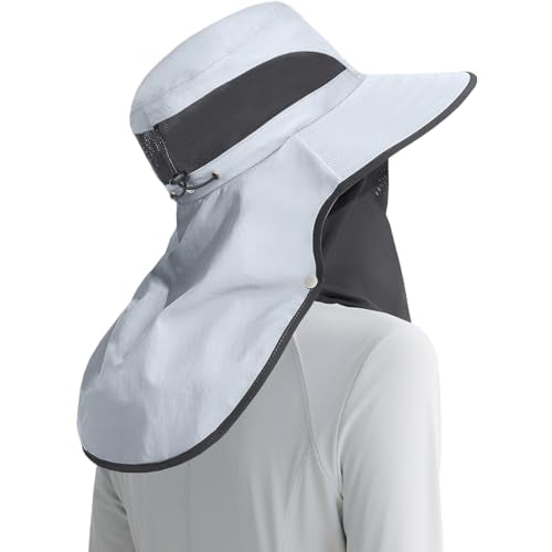 Womens Sun Hat Wide Brim UPF50+ Outdoor Sun Protection Ladies Fishing Hat with Neck Flap Detachable Face Cover - color: Light Grey