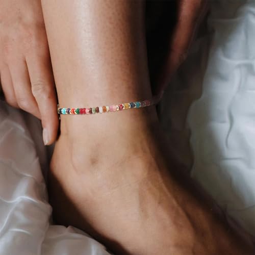 Natural Stone Beaded Anklets Bracelets for Women Handmade Beaded Anklet Bracelet Waterproof Boho Beads Ankle Bracelet Adjustable Summer Jewelry - color: mix color A