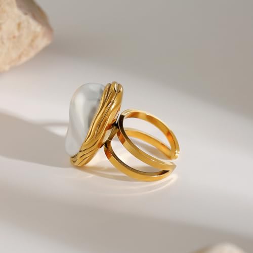 Boho Red Heart Gold Band Rings Pearl Ring, Dainty Adjustable Statement Rings, Open Wrap Stackable Finger Ring Gold Fashion Jewelry Gifts for Women - color: Gold Ring - Pearl