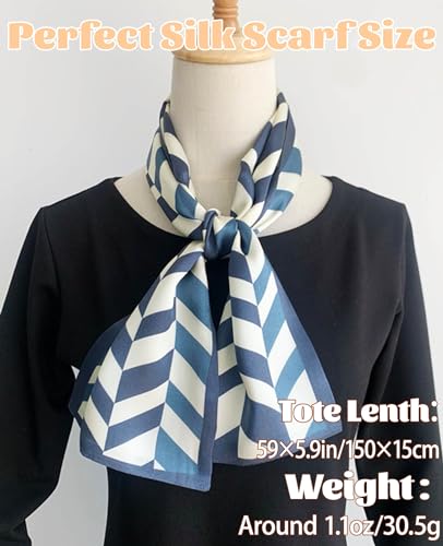 kcctoo 59” Long Silk Like Head Scarf Women's Fashion Square Neck Satin Scarfs for Bag Hair Scarves Gift 59 * 5.9” - color: Y4 Serrated Dark Blue 59" X 5.9"