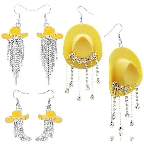 RechicGu 3 Pairs Western Cowgirl Cowboy Hat Earrings Set Silver Symmetric Boots Sparkly Rhinestone Tassels Drop Dangle Rural Culture Earrings Set For Women - color: Silver Boots,Yellow Hat
