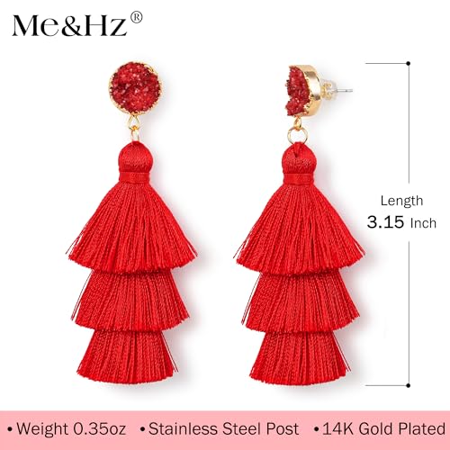 Me&Hz Colorful Layered Tassel Earrings Bohemian Statement Tiered Tassel Big Dangle Drop Earrings for Women Druzy Studs Valentine’s Day Gift - color: 01 Red