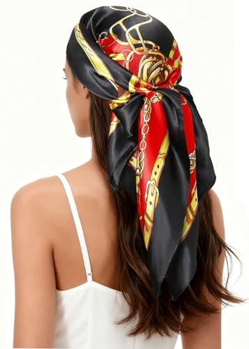 vabovin Satin Head Scarf for Women Silk Like Hair Scarf, 35 x 35 in | Silk Feel Fabric, Hair Wrap for Sleeping, Headscarf and Neck Scarf, Square Bandana Style, Fashion Accessory - color: 005 Red Black Chain Print
