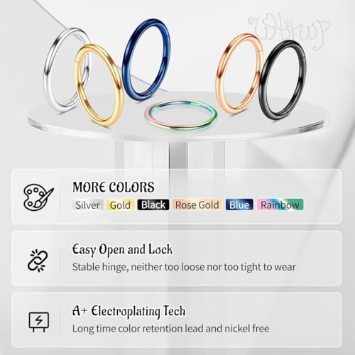 WBRWP 316L Stainless-Steel Piercing-Ring Hinged Nose-Rings-Hoop : 20G 18G 16G 14G Womens Body Pierecing Ring Segment Clicker Lip Rings Helix Cartilage Rook Earrings Diameter 6mm 8mm 10mm 12mm - color: 8pc set in rainbow color(each dia. 2 pc)
