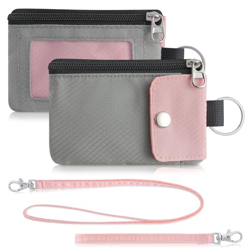 Artpaxy Minimalist Wallet For Mens Womens, Keychain RFID Blocking Zipper Small Wallet with ID Window 2 Lanyards,Water Resistant Travel Cash Card Coin Case Boys Girls - color: Light pink+Grey, style: Casual