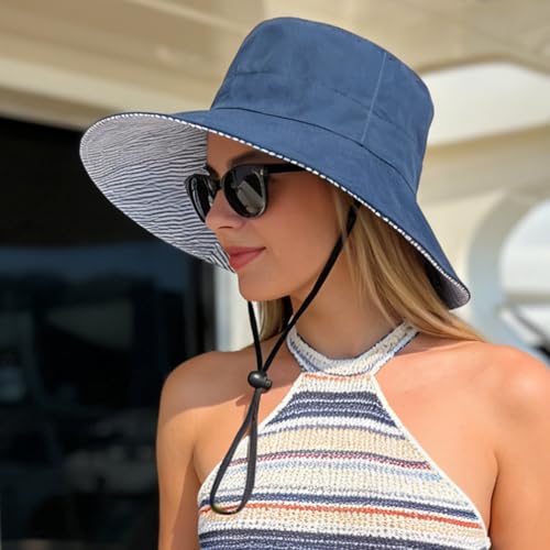 Women's Summer Sun Hat - Reversible Design with Striped Lining Adjustable Brim for Travel and Outings Cap - color: Stripes-navy