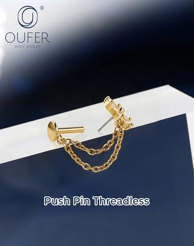 OUFER 16G Chain Cartilage Piercing Jewelry-316L Surgical Steel Gold Flat Back Push Pin Helix Earring, Star Clear CZ Double Chain Lobe Piercing Jewelry - style: Flower-Gold