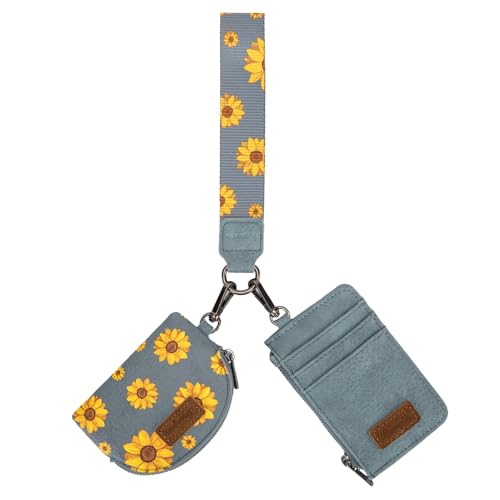 Wrangler KeyChain Wristlet Wallets for Women Sunflower Floral Dual Pouch Wristlet Western Credit Card Holder Wallet with Zipper Pocket - color: Sunflower Jean