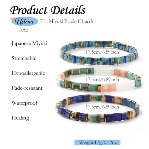 Tila Flat Square Stack Beaded Bracelets Set for Women Men, Boho 3Pcs Romantic Handmade Healing Gold Colorful Stretch Accessories Jewelry, Daily Vacation Party Holiday Friendship Gift - color: Blue Peach