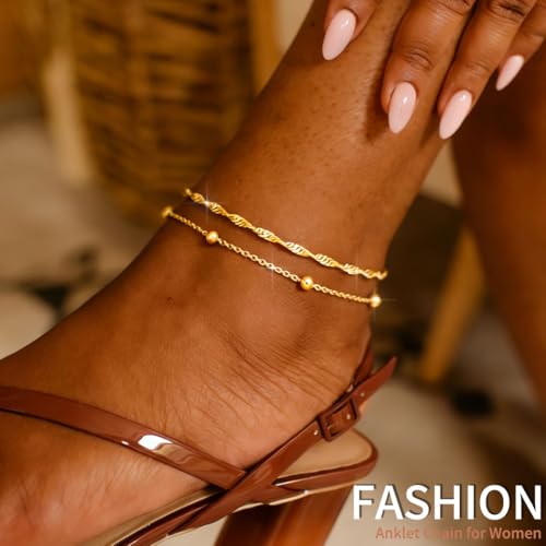 925 Sterling Silver Ankle Bracelets for Women 14K Gold Plated Layered Anklet Sets Dainty Heart Anklets Chain Waterproof Beach Foot Jewelry Gifts - style: Style2-Gold