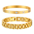 MPRAINBOW 2pcs 18K Gold Plated Chain Link Bracelet, Stainless Steel Crystal Friendship Bracelets Bangle,Watch Band Chains Wristband Jewelry with Adjust Tool - color: Gold Set - I