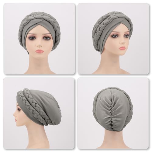 African Women Turban Caps Beanie Pre-Tied Twisted Braids Headwraps for Women Head Scarf Chemo Cancer Headwear Cap - color: 3 Pack Twisted Braid: Olive Green/Dark Grey/Black