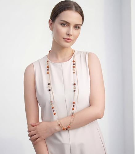 FULU AUTUMN Boho Gold Long Necklaces for Women Natural Stone Beaded Layered Long Necklace Mothers Day Gifts Dainty Flower Costume Jewelry for Women - color: Dark Coffee