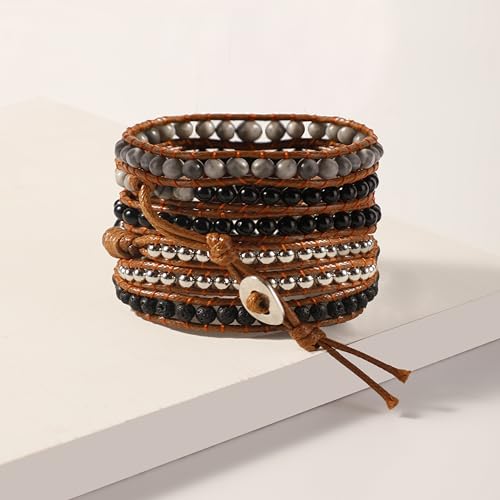 Artilady Leather Wrap Bracelets for Women - Pearl Bracelets Handmade Clasp Bangle Bracelet with Beads Jewelry Gift for Women and Mother - style: Black stone