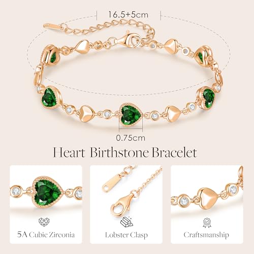 925 Sterling Silver Birthstone Heart Bracelet Jewelry Gift for Women | Rose Gold Plated Bracelets,Hypoallergenic,Adjustable Chain Personalized Anniversary Christmas Jewelry Gift for Mom Wife - color: Rose Gold-05-May