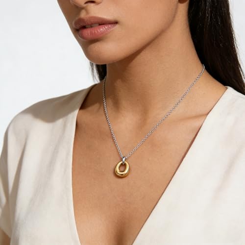 Dainty Oval Pendant Necklace for Women 18K Gold Plated Small Irregular Circle Charm Cute Boho Necklace Statement Chains Minimalist Jewelry - color: B-Gold & Silver