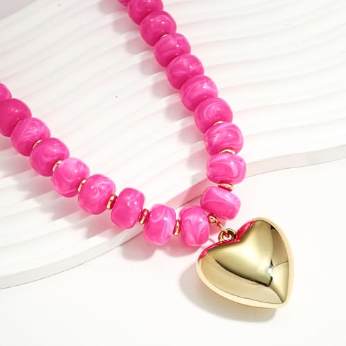 WOWORAMA Chunky Heart Necklaces for Women Colorful Resin Beaded Choker Necklace Gold Puffy Heart Statement Necklace Trendy Acrylic Choker Jewelry - color: Rose-Red