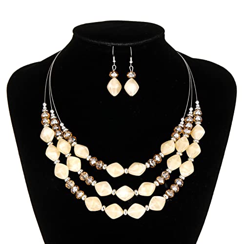 3 Layered Chunky Statement Necklace for Women Beaded Strand Necklaces with Earring Fashion Costumes Collar Necklace Jewelry Sets Gifts for Women - color: Champagne