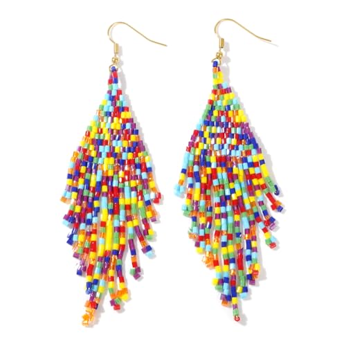 Flower Black Beaded Long Tassel Western Native American Earrings For Women Dangling - color: colorful