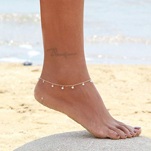 LOYATA Dainty Ankle Bracelet,14K Gold Plated Tiny Bead Anklet Dainty White Cubic Zirconia Cross Tassel Foot Chain Cute Lucky Moon Evil Eye Foot Jewelry Boho Anklets for Women - color: CZ