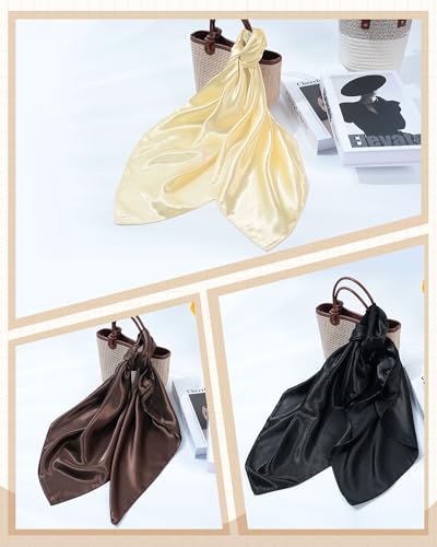 Mesovor 35” Square Head Scarf for Women, 3 Pack Like Silk Satin Headscarf Hair Neck Scarf Top Bandanas for Sleeping - color: Black + Dark Brown + Apricot