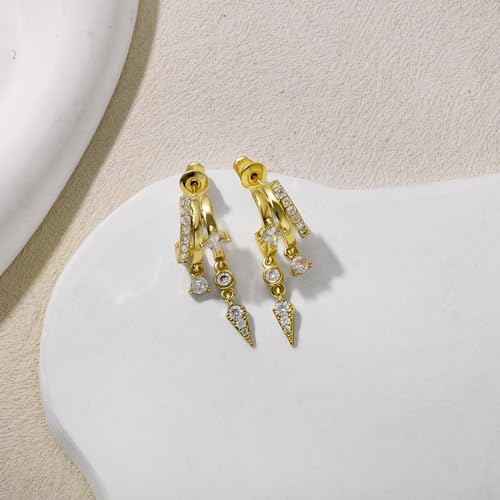 Triple Huggie Stacked Earrings for Women Gold Chain Drop Dangle Earrings Cute Statement CZ Earrings Trendy Dainty Jewelry Gift - color: Gold 8
