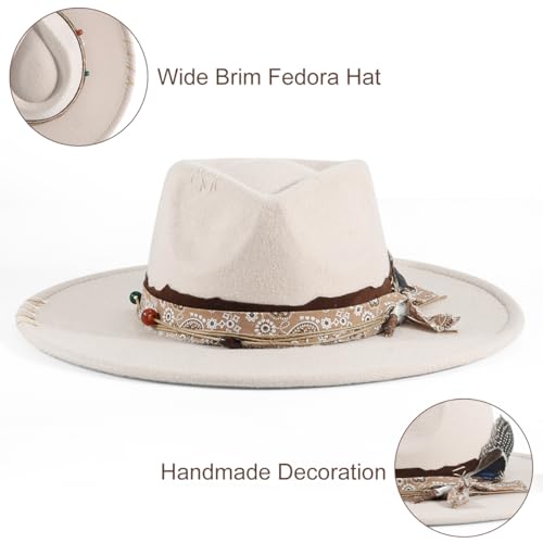Womens Boho Fedora Hat Wide Brim Fedora Mens Handmade Flat Brim Hats - color: Beige