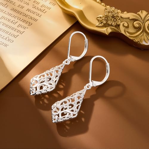 Dangle Earrings for Women, 14K Gold Plated Filigree Dangling Leverback Earrings, Silver Geometric Hypoallergenic Lightweight Dangly Drop Earings for Women Trendy Jewelry Gifts - color: A-Silver